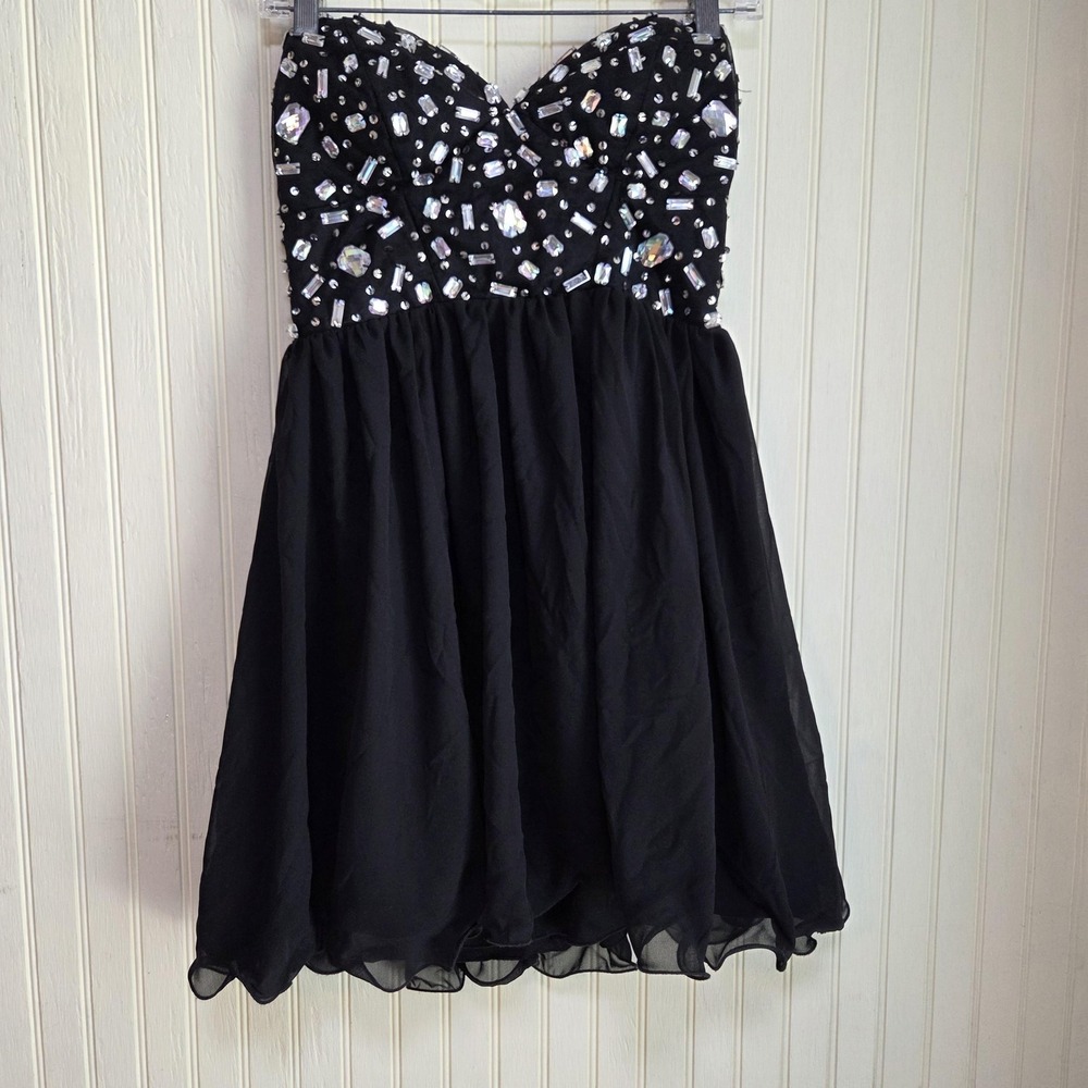 Deb Dress Juniors 9/10 Black Strapless Sweetheart‎ Rhinestone Fit & Flare Short